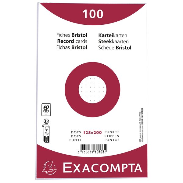 Paquet 100 Fiches Sous Film - Bristol Dots Non Perforé - 125x200mm - Blanc - X 12 - Exacompta