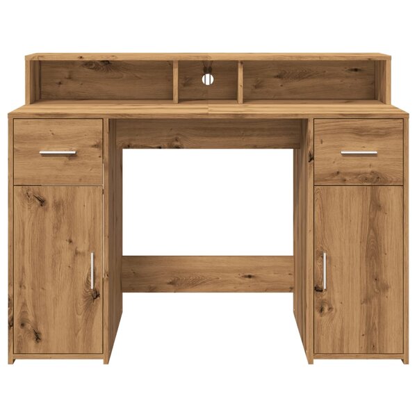 Bureau table poste de travail meuble d'ordinateur informatique étude avec lumières LED chêne artisanal bois d'ingénierie brun 02_0023413