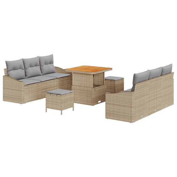 Ensemble de Canapés de Jardin 9 pièces avec Coussins Rattan Poly Beige Acacia