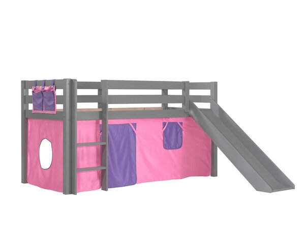 Lit Enfant Surélevé Avec Toboggan Pino 90x200cm Gris + Rideau de lit Bella