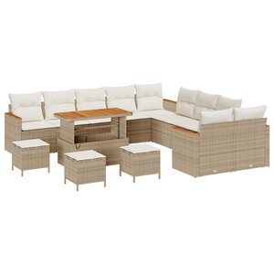 Ensemble de Canapés de Jardin de 14 Pièces avec Coussins Beige Rattan Polyéthylène Acacia