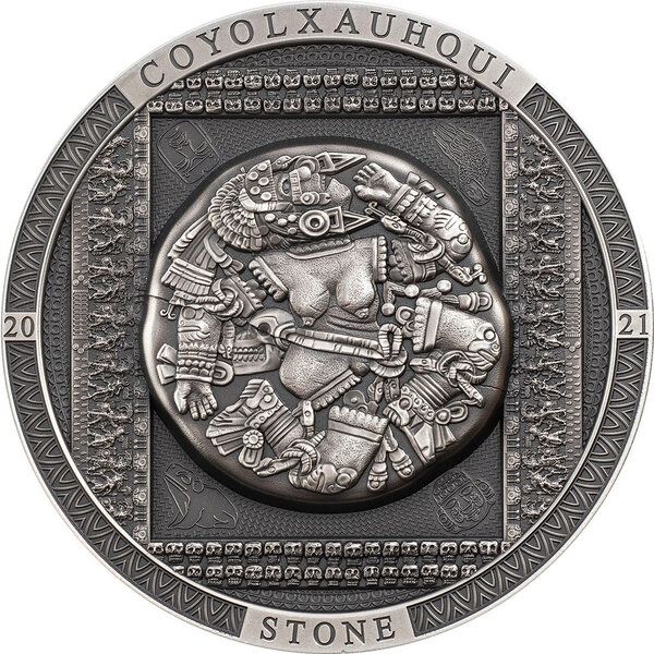 Monnaie COYOLXAUHQUI STONE Antiqued Archeology Symbolism 3 Oz Argent 20$ Cook Islands 2021
