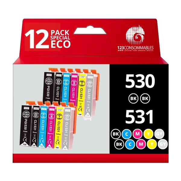 Pack compatible Canon PGI-530  CLI-531  12 cartouches