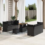 Ensemble de canapé de jardin 9 pièces avec coussins noir poly rotin acacia