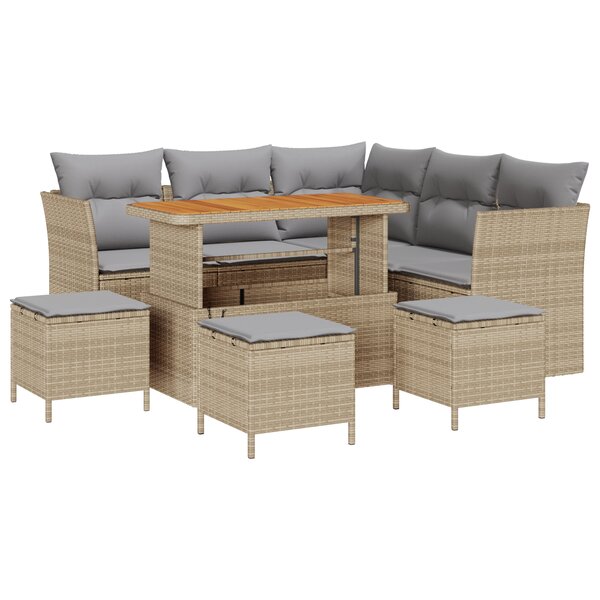 Ensemble de Canapé de Jardin 9 Pièces avec Coussins Beige Poly Rattan Acacia
