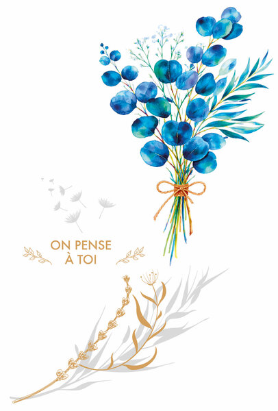 69-3148 Carte Courage On pense à toi pour Homme Femme Bouquet de Feuilles Eucalyptus Peinture Aquarelle -Finitions Dorure Or Doré + Gaufrage en Relief +1 Enveloppe Format 12x17cm -Fabriqué en Europe