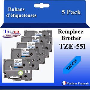 5x Rubans d'étiqueteuses compatibles avec Brother Tze551 Tze-551 pour étiqueteuses P-touch - Texte noir sur fond bleu - T3AZUR