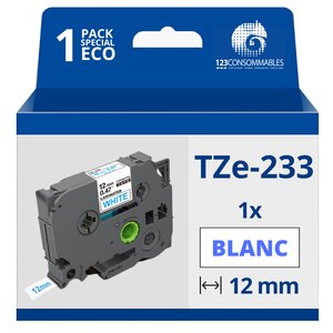Ruban compatible Brother TZe233 - Texte bleu sur fond blanc - Largeur 12 mm x 8 mètres