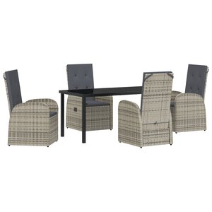 Set de salle à manger de jardin 5 pièces avec coussins en poly rattan gris