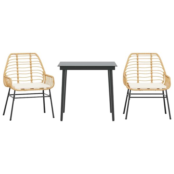 vidaXL Ensemble à manger jardin coussins 3Pièces marron poly rotin verre