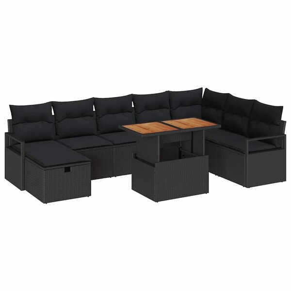 vidaXL Ensemble de canapé de jardin avec coussin 9 Pièces Noir Poly rotin