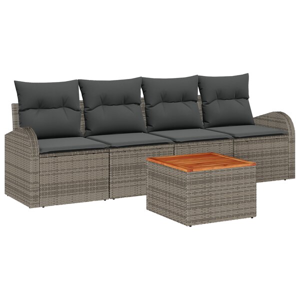 vidaXL Ensemble de Canapé de Jardin de 5 Pièces avec Coussins Gris Poly Rattan Acacia