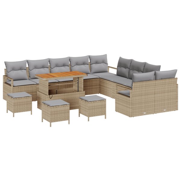 Set de canapé de jardin vidaXL 14 pièces avec coussins beige poly rotin acacia