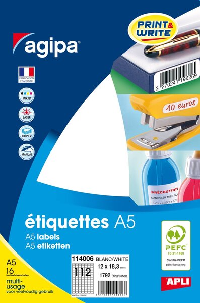 Etiquettes blanches 16 feuilles A5 12 x 18 3 mm 1792 pièces