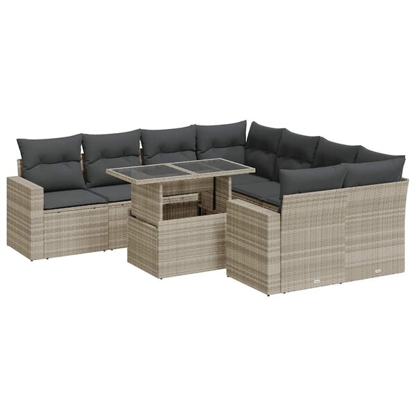 vidaXL Salon de jardin 9 Pièces avec coussins gris clair résine tressée