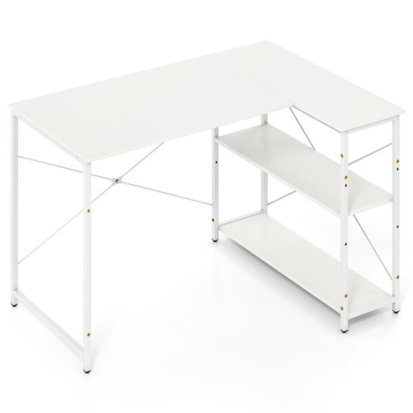 Bureau d'ordinateur en l avec rangement réversible 118 x 86 x 74 cm confort ergonomique style moderne en bois blanc 20_0010872