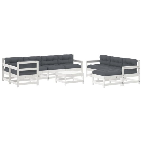 vidaXL Salon de jardin 10 Pièces avec coussins blanc bois massif