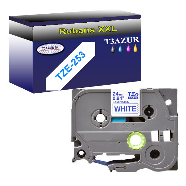 Ruban pour étiquettes laminées générique Brother Tze-253 pour étiqueteuses P-touch - Texte bleu sur fond blanc - Largeur 24 mm x 8 mètres - T3AZUR