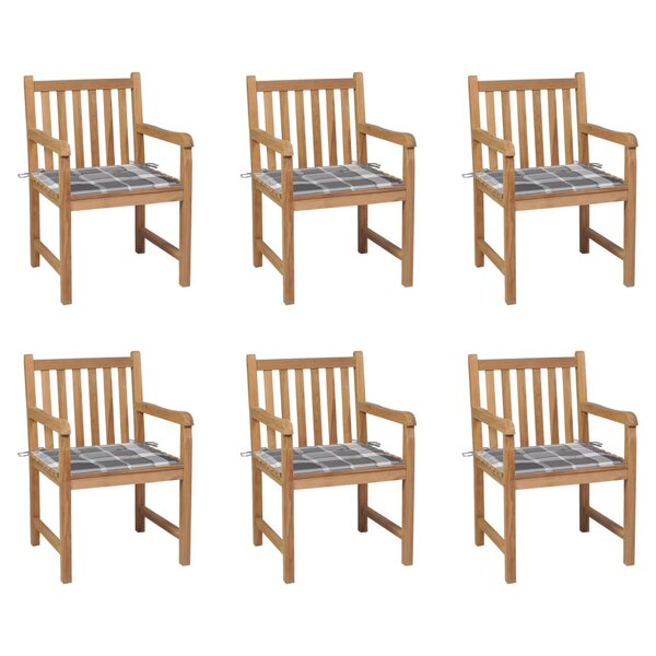 vidaXL Chaises de jardin lot de 6 et coussins carreaux gris bois teck