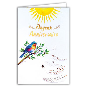 69-3108 Carte Anniversaire pour Fille Femme Oiseau coloré sur sa Branche peint à l'Aquarelle Soleil - Finitions Dorure Or Doré + Gaufrage en Relief +1 Enveloppe Format 12x17cm - Fabriqué en Europe