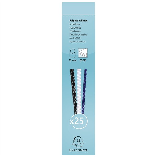 Boite 25 reliures spirales plastique 12mm - Blanc EXACOMPTA