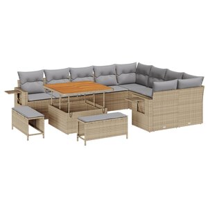 Ensemble de Canapés de Jardin 12 pièces avec Coussins Beige Poly Rattan Acacia