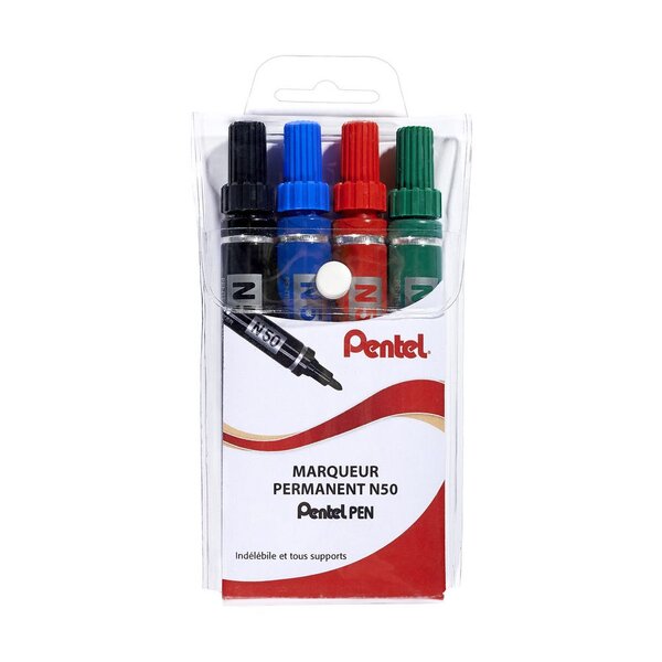 N50 - Marqueur permanent pointe ogive trait 1,5 mm - 4 couleurs assorties (paquet 4 unités)