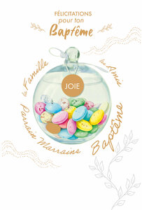 69-3142 Carte Félicitations Baptême Parrain Marraine Famille Amis Joie Dragées Peinture Aquarelle -Finitions Dorure Or Doré + Gaufrage en Relief +1 Enveloppe Format 12x17cm -Fabriqué en Europe