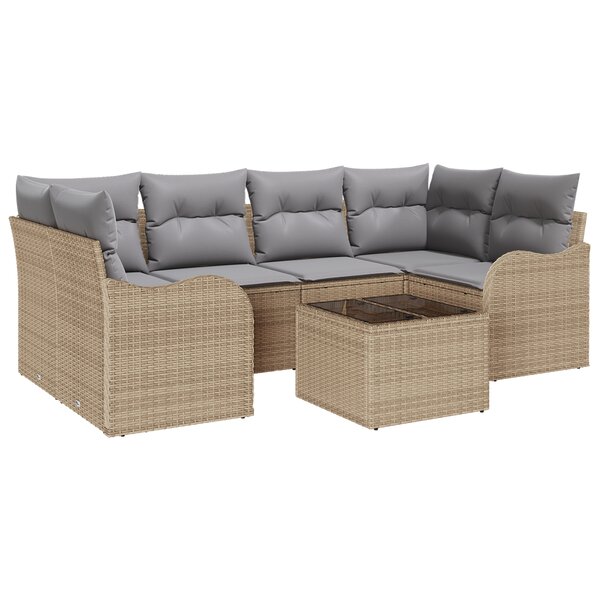 Ensemble de canapés de jardin 7 pièces avec coussins beige en poly rattan