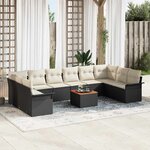 Ensemble de canapé de jardin de 11 pièces avec coussins noir poly rattan acacia