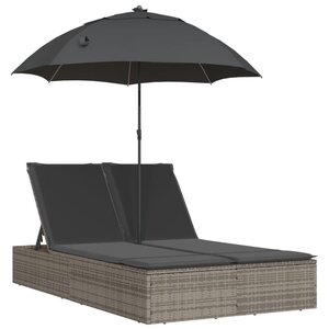 vidaXL Chaise longue double et coussins et parasol gris résine tressée