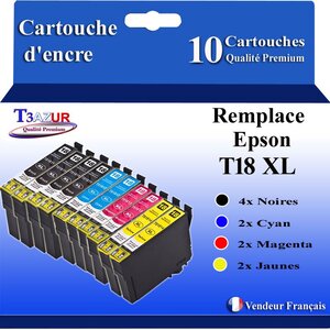 T3AZUR- 10x Cartouches Compatibles avec Epson 18XL 18 XL remplace Epson Expression Home XP-402  XP-405  XP-405WH  XP-412  XP-415  XP-422  XP-425