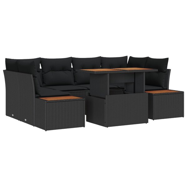 vidaXL Ensemble de salle à manger de jardin 7 pièces avec coussins noir poly rotin acacia