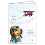 69-3128 Carte Anniversaire Chien Aviation Biplan L'Aventure commence aujourd'hui Peinture Aquarelle - Finitions Dorure Or Doré + Gaufrage en Relief +1 Enveloppe Format 12x17cm - Fabriqué en Europe