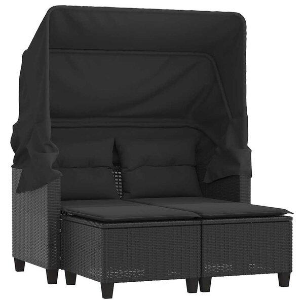 vidaXL Canapé de jardin 2 places avec auvent et tabourets noir rotin