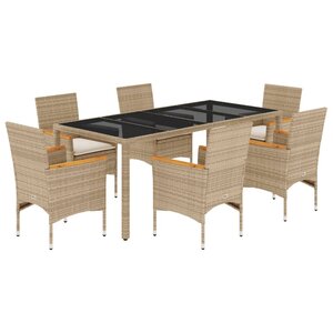 vidaXL Ensemble à manger de jardin et coussins 7 Pièces beige rotin verre