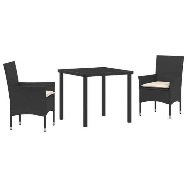 Ensemble de Salle à Manger de Jardin 3 Pièces avec Coussins en Rattan Poly Noir