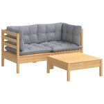 Salon de jardin meuble d'extérieur ensemble de mobilier 3 pièces avec coussins gris bois de pin 02_0015963