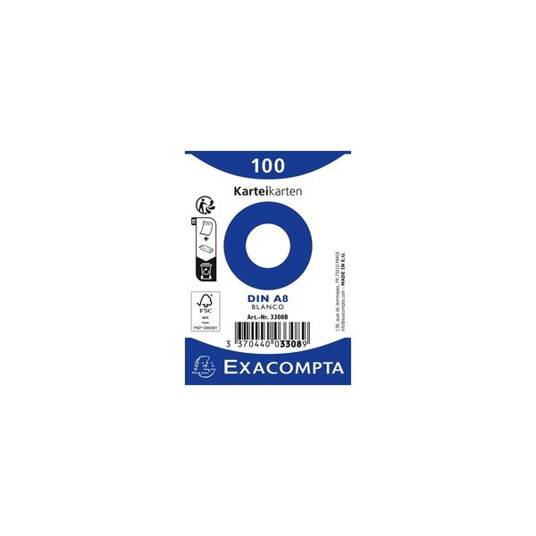 Paquet 100 Fiches Sous Film - Bristol Uni Non Perforé 55x74mm - Blanc - X 48 - Exacompta