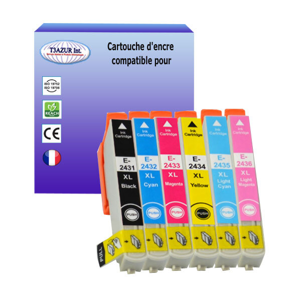 6 Cartouches Compatibles pour Epson XP55, XP750, XP760, XP850, XP860, XP950, XP960  remplace Epson T2431 T2432 T2433 T2434 T2435 T2436 - T3AZUR