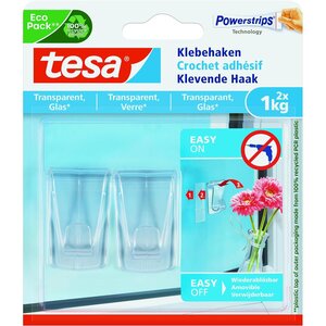 Pack 2 Crochets Adhésifs Powerstrips Transparent 1Kg Pour Verre x 8 TESA