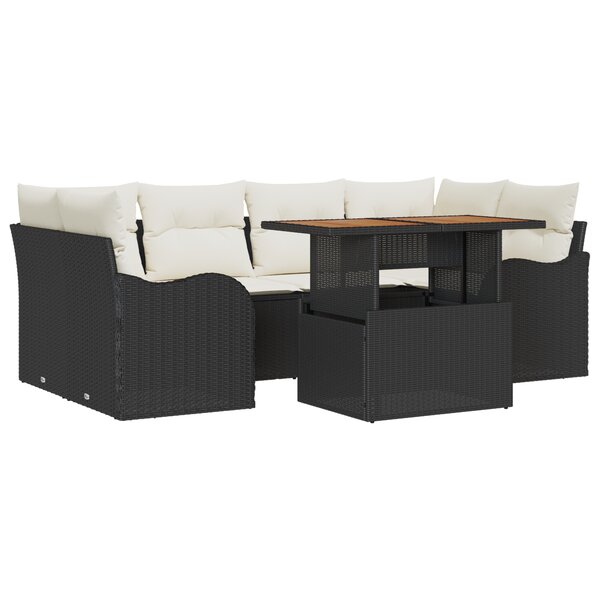 Ensemble de canapé de jardin 7 pièces avec coussins en poly rotin noir acacia