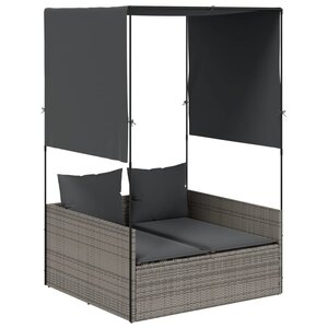 vidaXL Chaise longue double avec toit et rideaux gris résine tressée