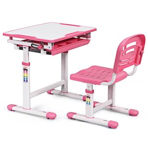 Bureau enfant ergonomique hauteurs et angle réglable 0-40° ensemble table avec chaises table à dessin avec 1 tiroir rose 20_0000333