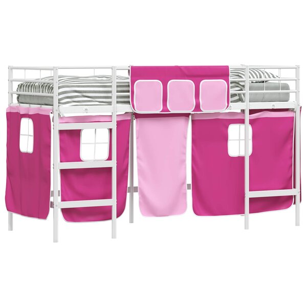 vidaXL Cadre de Lit Mezzanine pour Enfants avec Rideaux Blanc et rose