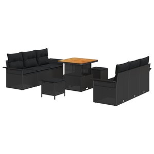 Ensemble de Canapé de Jardin 9 Pièces avec Coussins Noir Poly Rattan Acacia