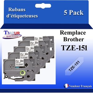 5x Rubans d'étiqueteuses compatibles avec Brother Tze151 Tze-151 pour étiqueteuses P-touch - Texte noir sur fond transparent - T3AZUR