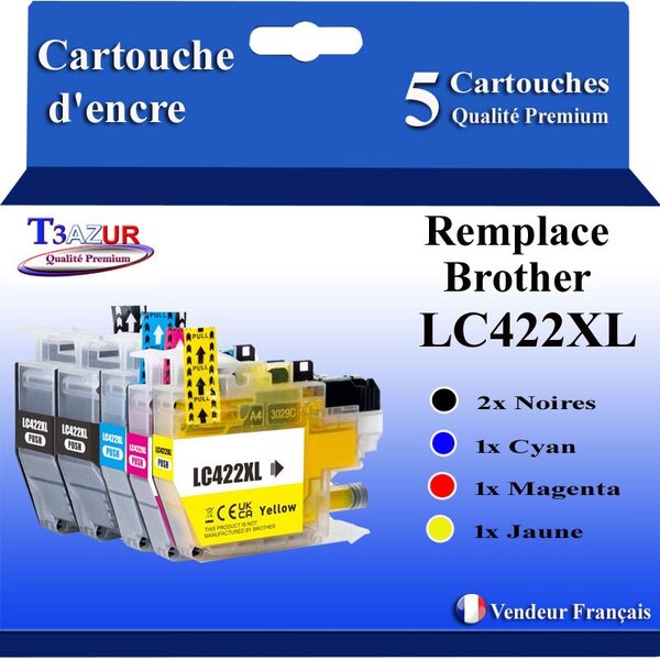 T3AZUR- Lot de 5 Cartouches compatibles avec Brother LC422 XL pour Brother MFC-J5740DW  MFC-J6540DW  MFC-J6540DWE
