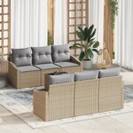 vidaXL Ensemble de Canapé de Jardin 7 Pièces avec Coussins Beige Poly Rattan