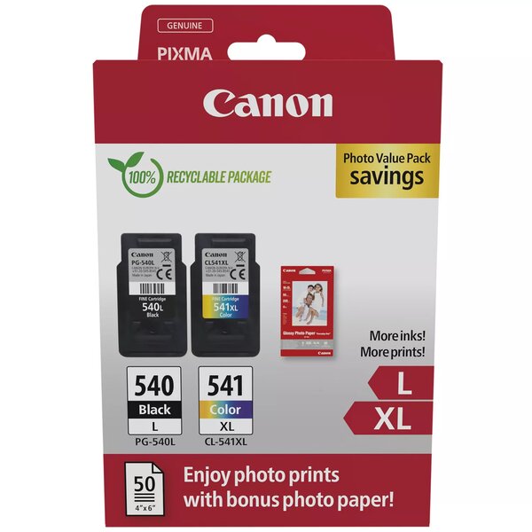 Pack de 2 cartouches d'encre 5224B013 Noir et couleurs L/XL Marque Canon + 50 Papier photo (5224B013)